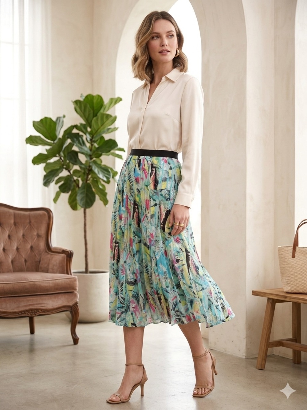Focus Lifestyle Abstract Tropical Watercolor Pleated Midi Skirt - Size 2P